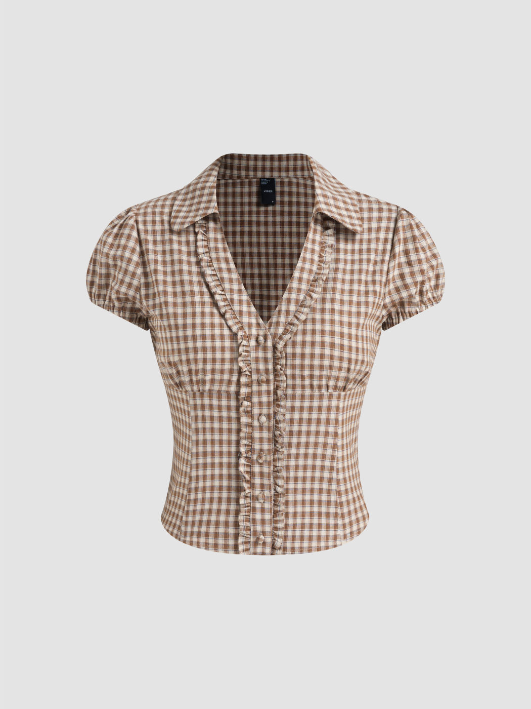 100% Cotton V-neck Check Button Short Sleeve Blouse