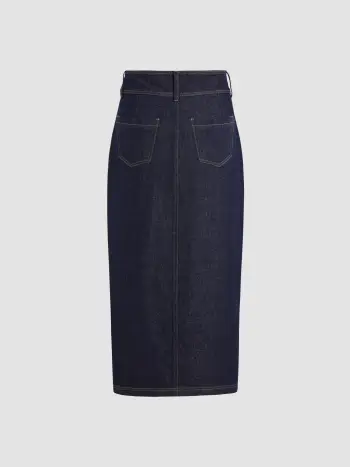 Denim Mid Rise Wrap Pocket Maxi Skirt