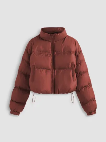Puffer Stand Collar Solid Zipper Drawstring Pocket