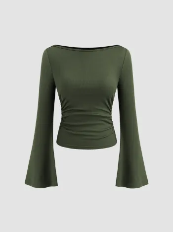 Langärmliges T-Shirt mit Bootshals und elastischen Falten, einfarbig