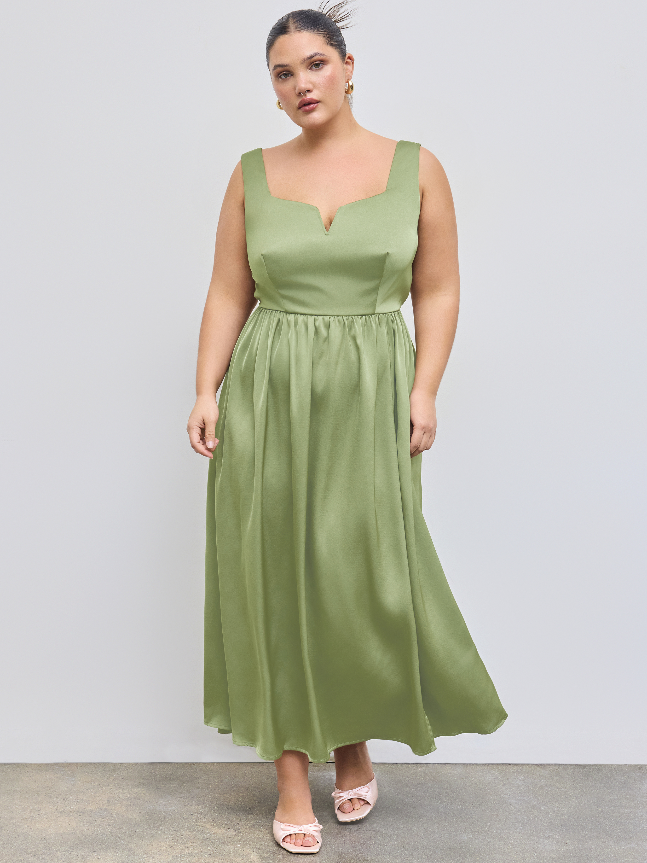 Woven Woven Square Neck Ruffle Split Shirred Midi Dress