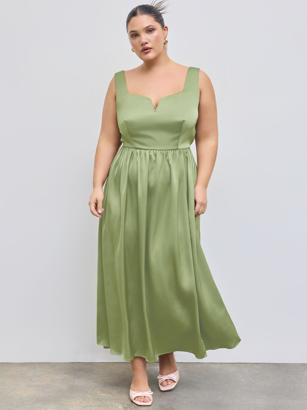 Woven Square Neck Ruffle Split Shirred Midi Dress Curve & Plus