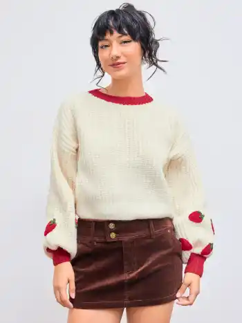 Knitted Round Neckline Strawberry Contrasting Binding Crop Sweater