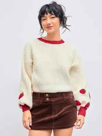 Strick Rundhals Erdbeer Kontrast Crop Pullover