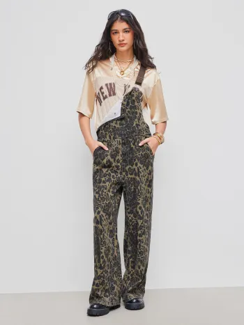 Denim Leopard Taschen-Buckel-Oversize-Wide-Leg-Jumpsuit