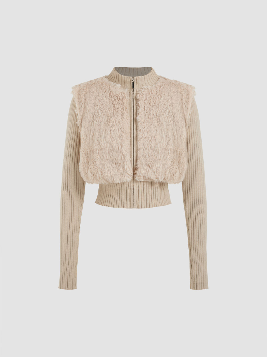 Cardigan bomber con zip in pelliccia sintetica e maniche a costine