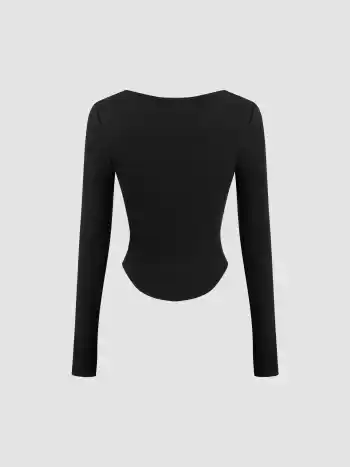 Thermal Cotton-blend Square Neck Solid Thumb Hole Long Sleeve Tee