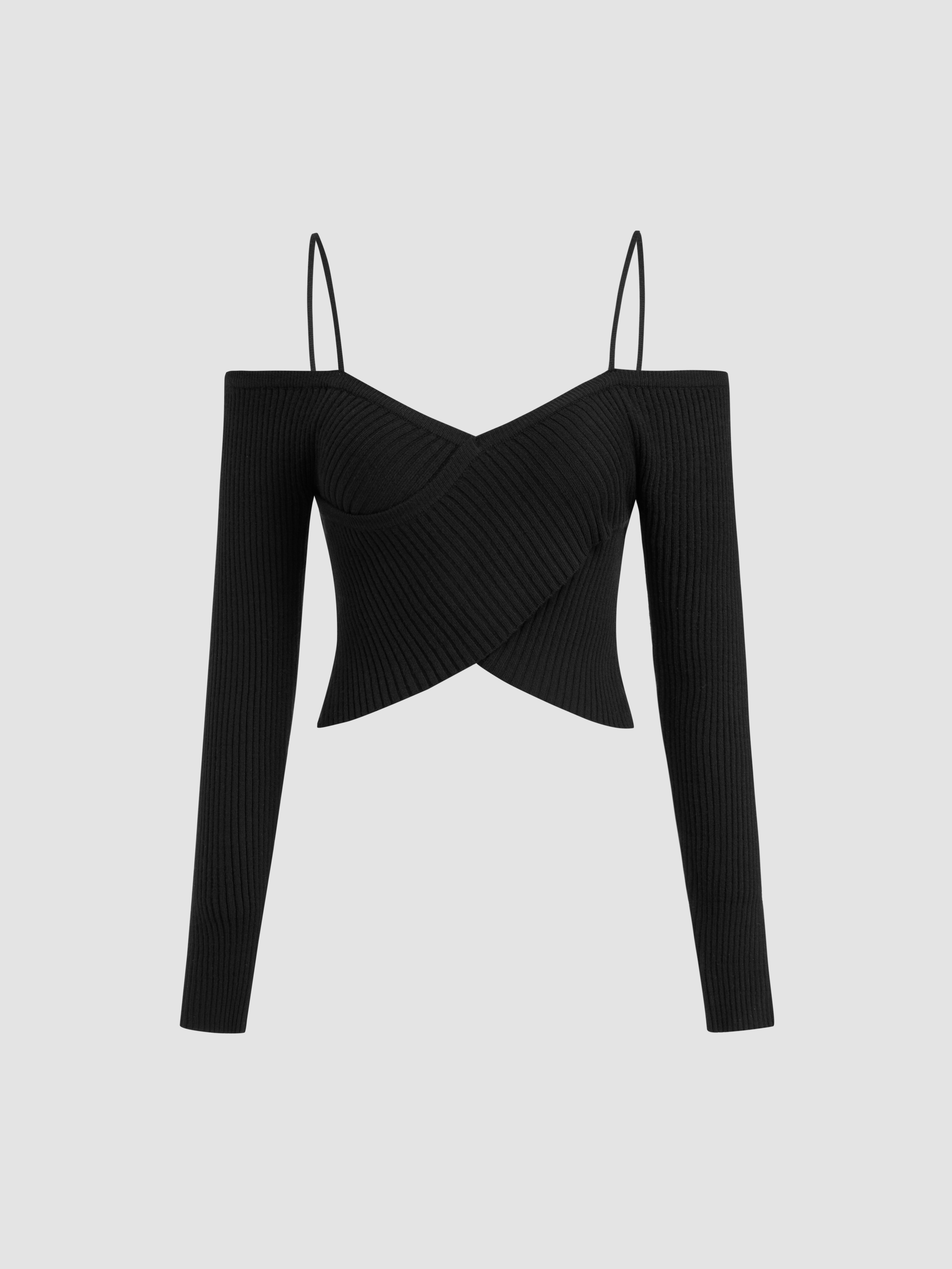Knit Fabric Knit Halter Off-shoulder Long Sleeve Top For