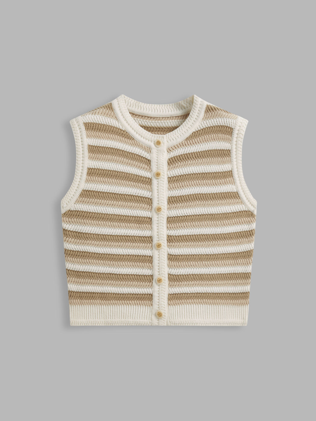 Cotton-blend Round Neckline Striped Button Knitted Vest