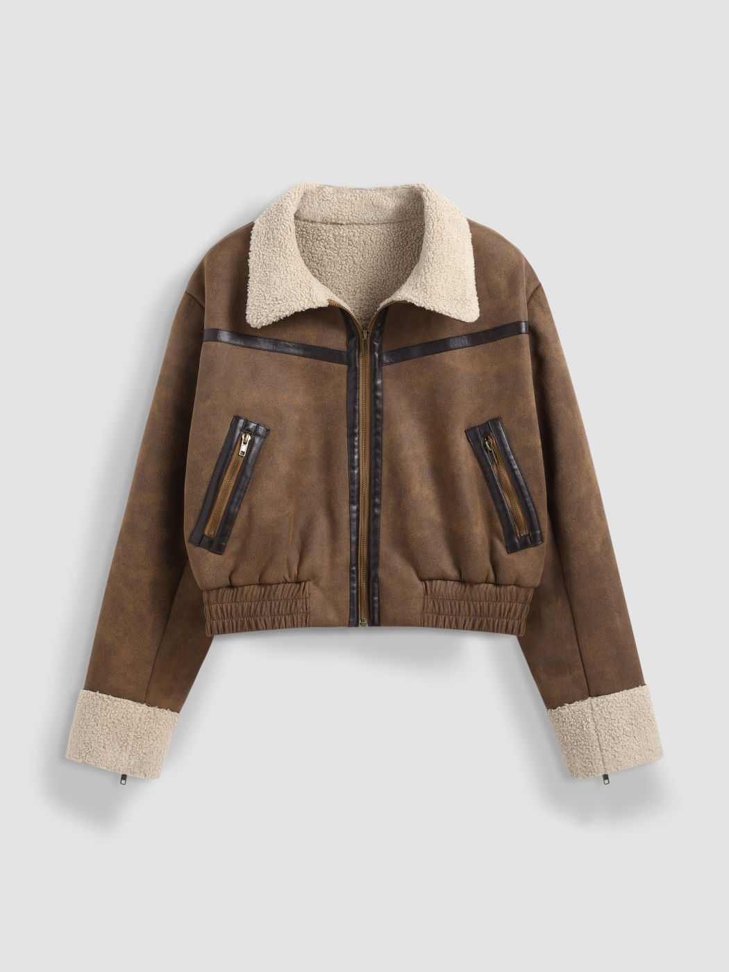 Faux Shearling Collar Pocket Zipper Jacket