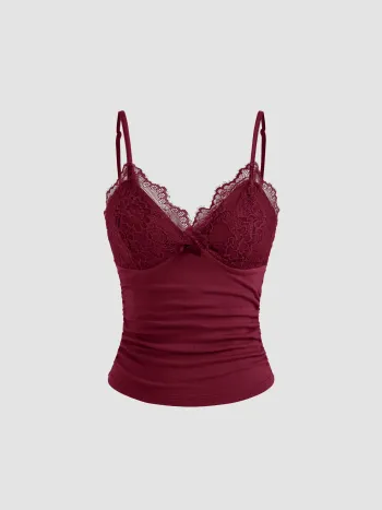 V-Ausschnitt Solid Spitzen-Rusche-Cami-Oberteil