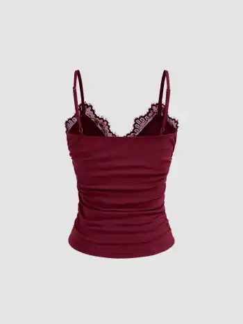 V-Ausschnitt Solid Spitzen-Rusche-Cami-Oberteil
