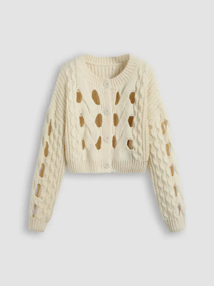 Knit Fabric Knit Round Neckline Hollow Out Long Sleeve Crop Top For Holiday