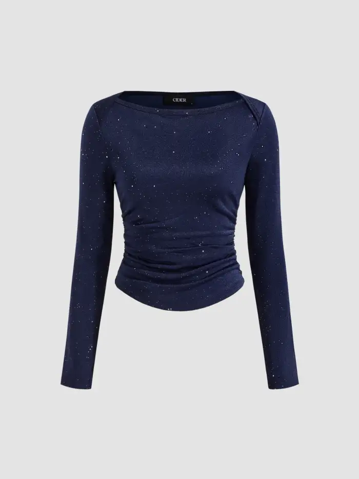 Mesh Sweetheart Neckline Solid Sequin Twist Split Long Sleeve Top