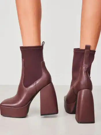 Faux Leather Chunky Heeled Ankle Boots