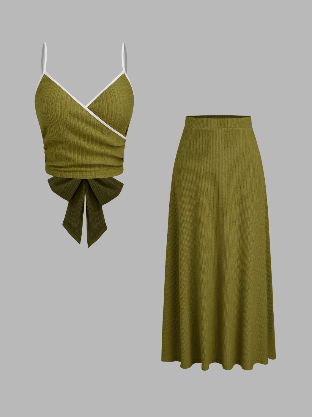 V-neck Solid Contrasting Binding Texture Crop Top With Mid Rise Solid Maxi Skirt