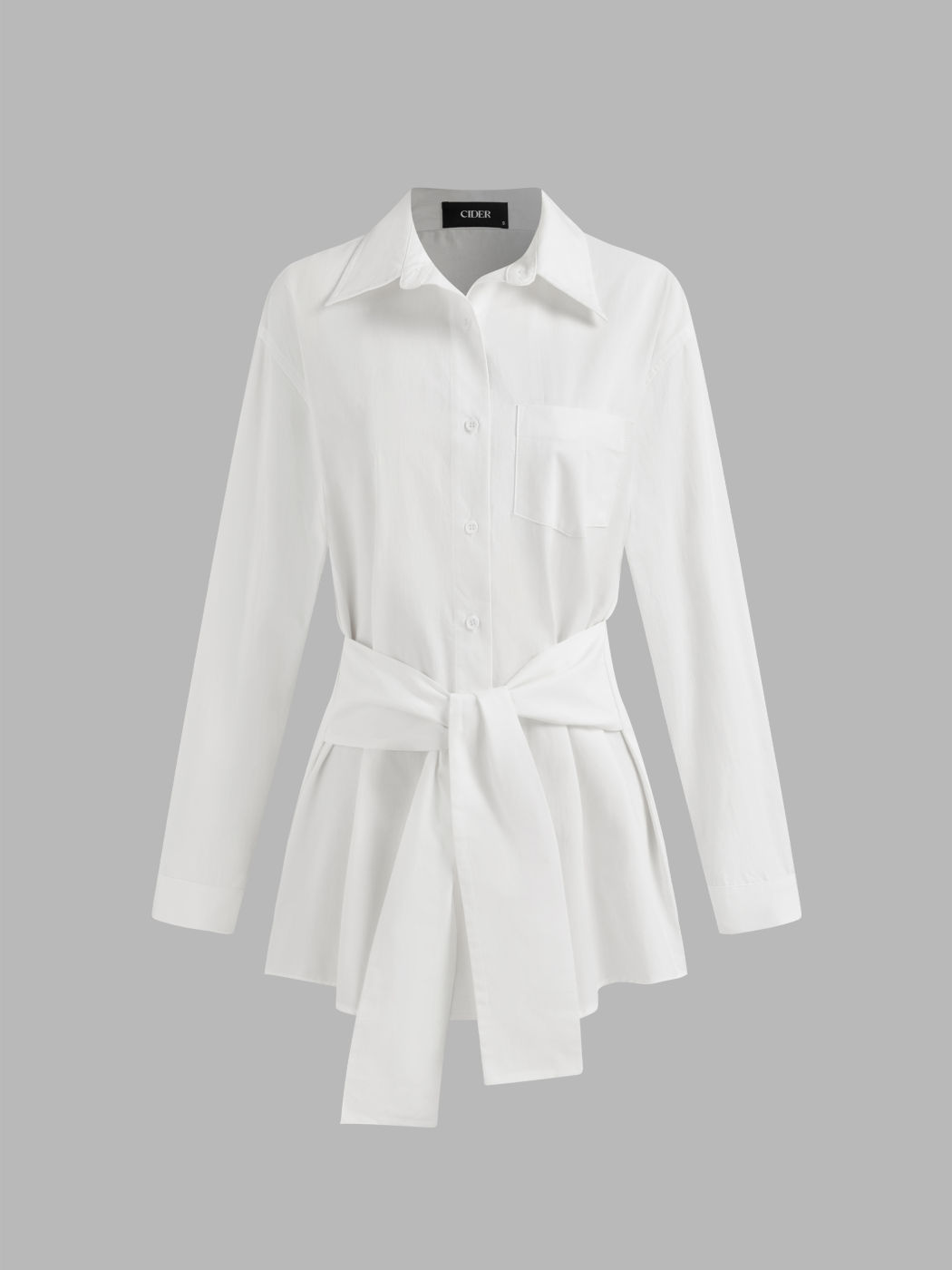 100% Cotton Collar Solid Pocket Knotted Long Sleeve Oversized Shirt