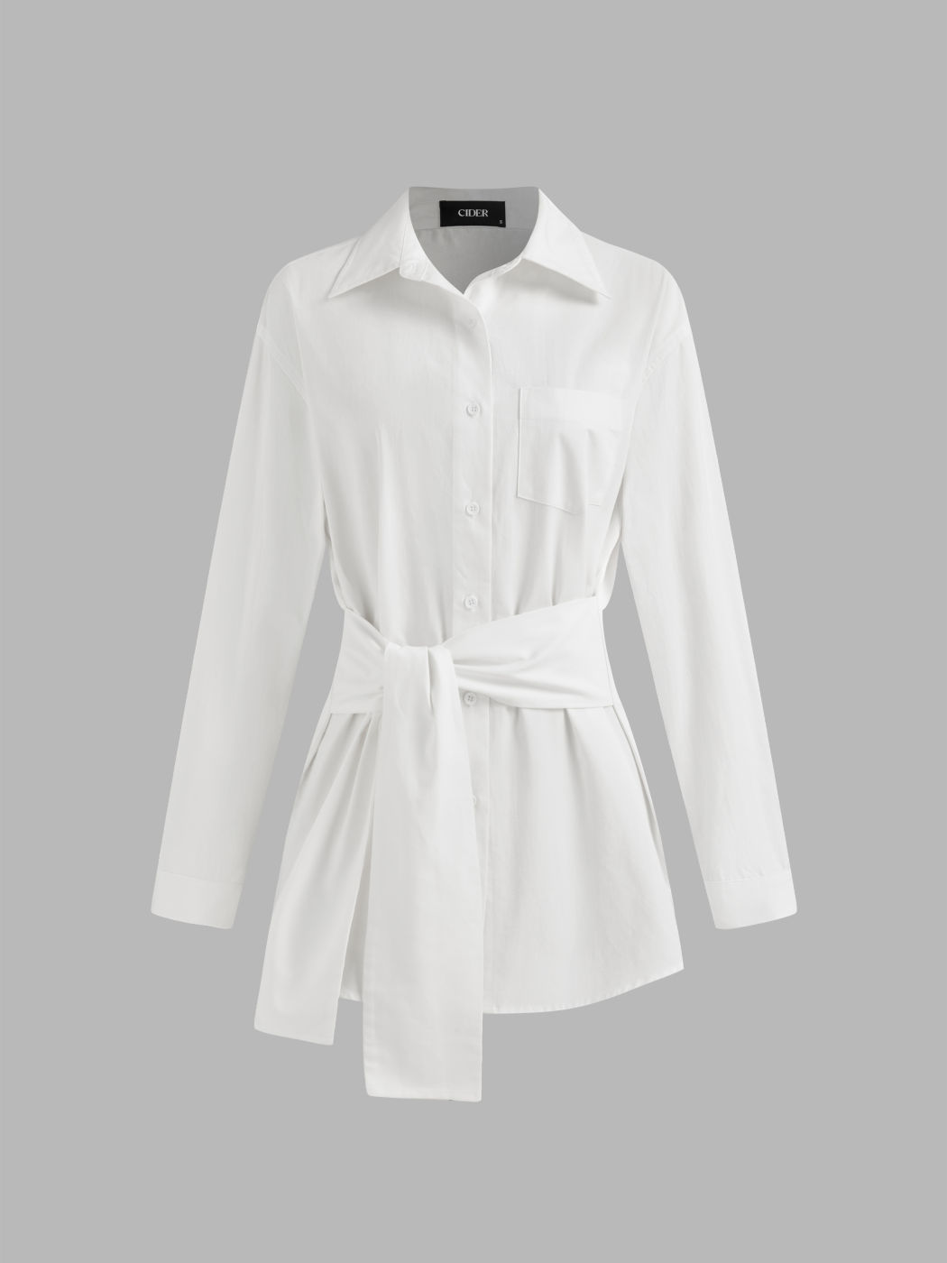 100% Cotton Collar Solid Pocket Knotted Long Sleeve Oversized Shirt