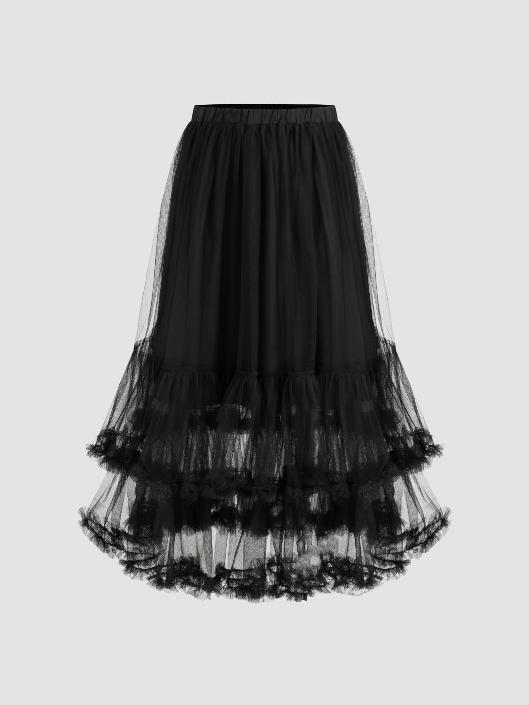Voluminöse Mesh-Maxi-Skirt mit Mittelbund, Schichten aus Tüll und Spitzenrand