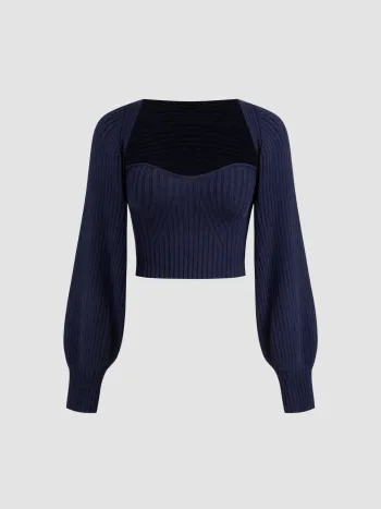 Two-Piece Rib Knit Long Sleeve Crop Top