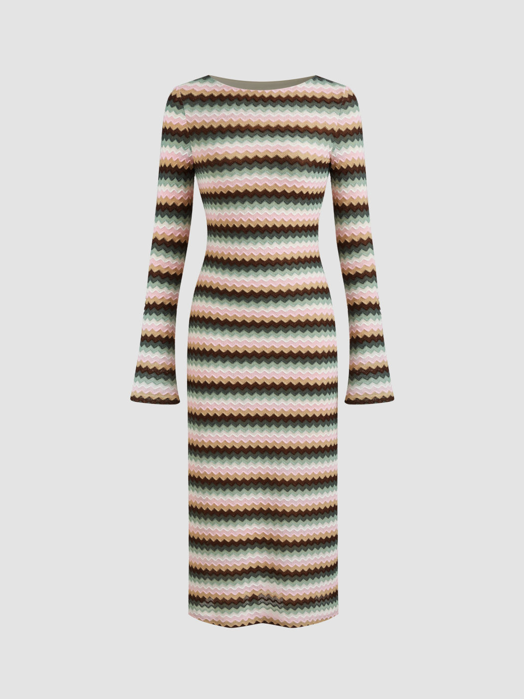 Jacquard Boat Neck Geometric Long Sleeve Midi Dress