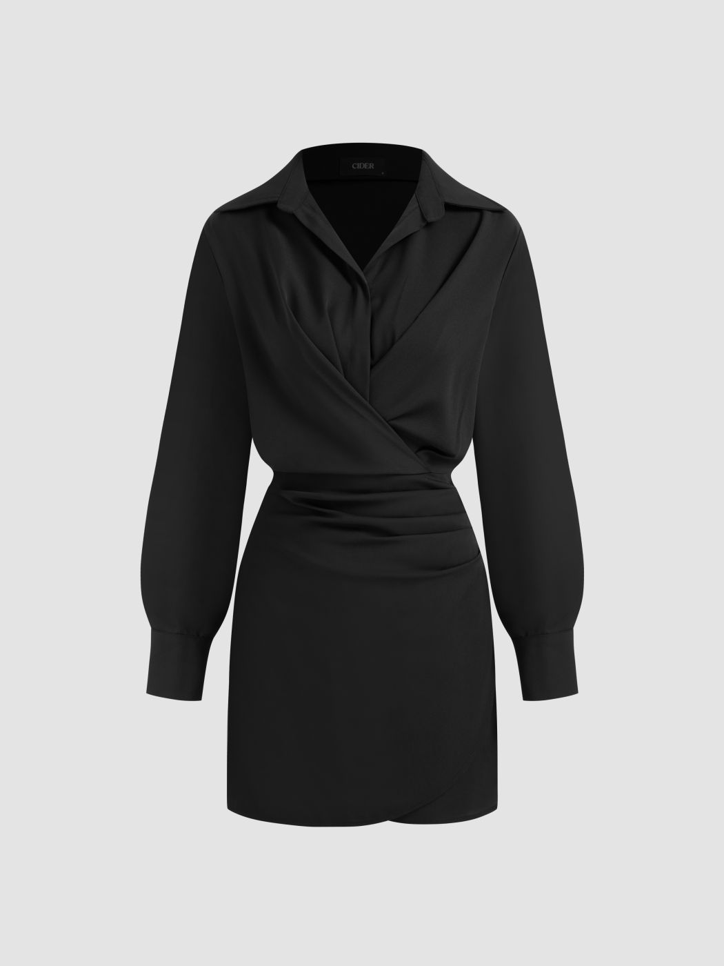 Woven Collar Solid Ruched Mini Shirt Dress