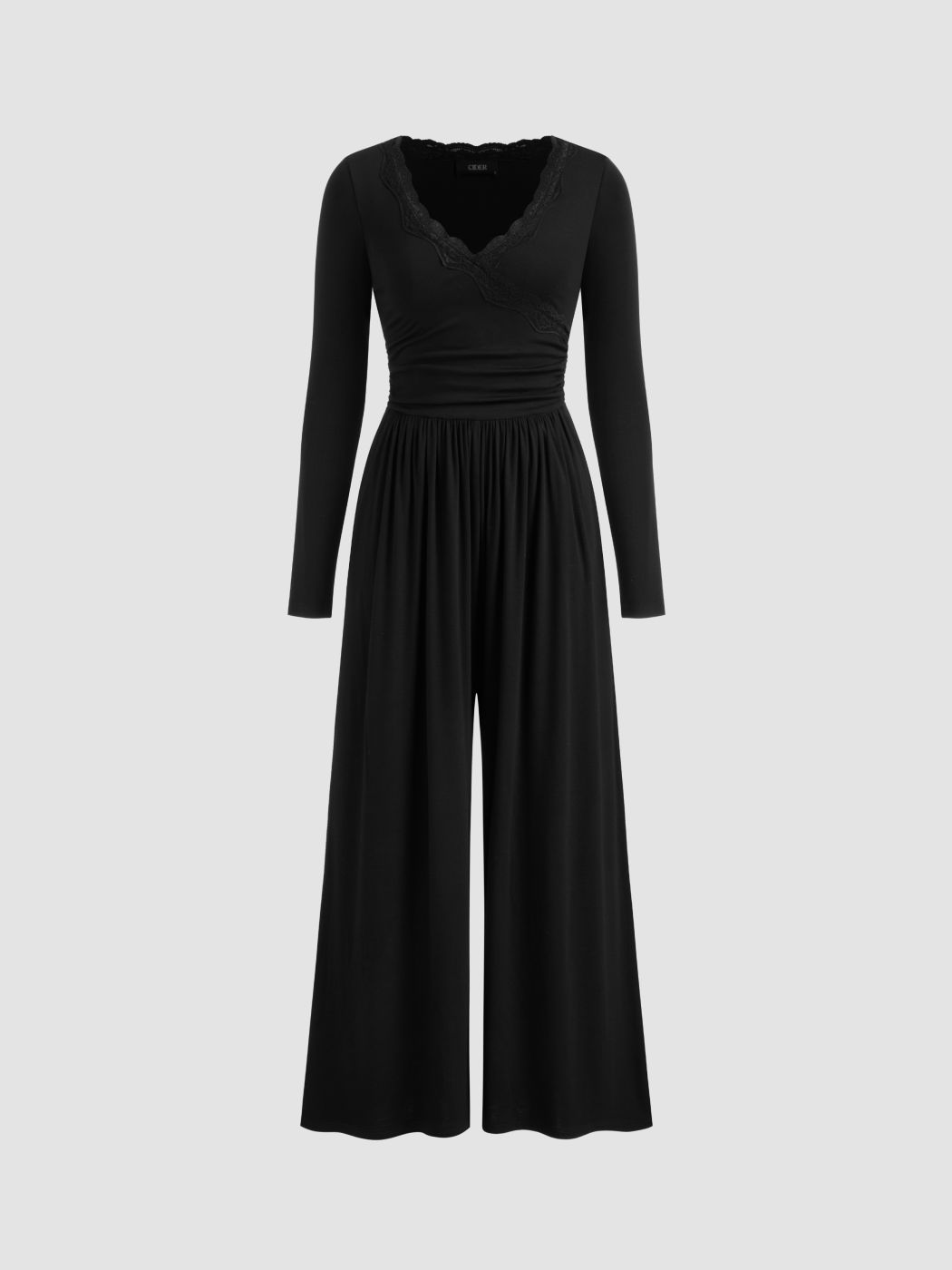 V-neck Solid Lace Trim Ruched Wide Leg Jumpsuit