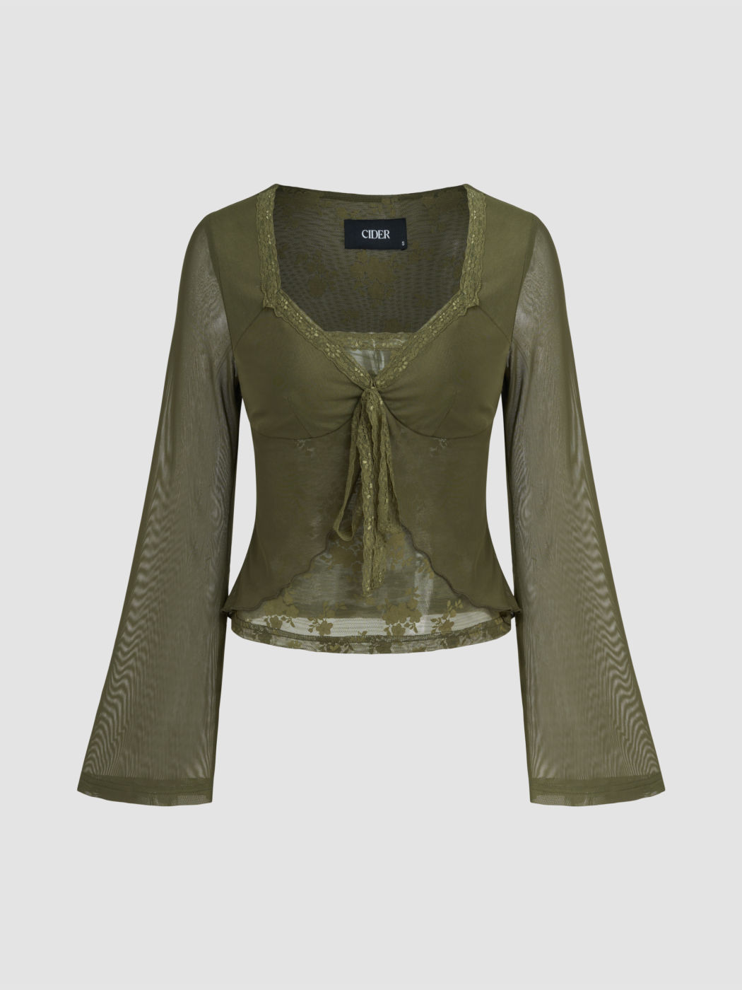 V-neck Solid Lace Trim Knotted Lettuce Trim Long Sleeve Top