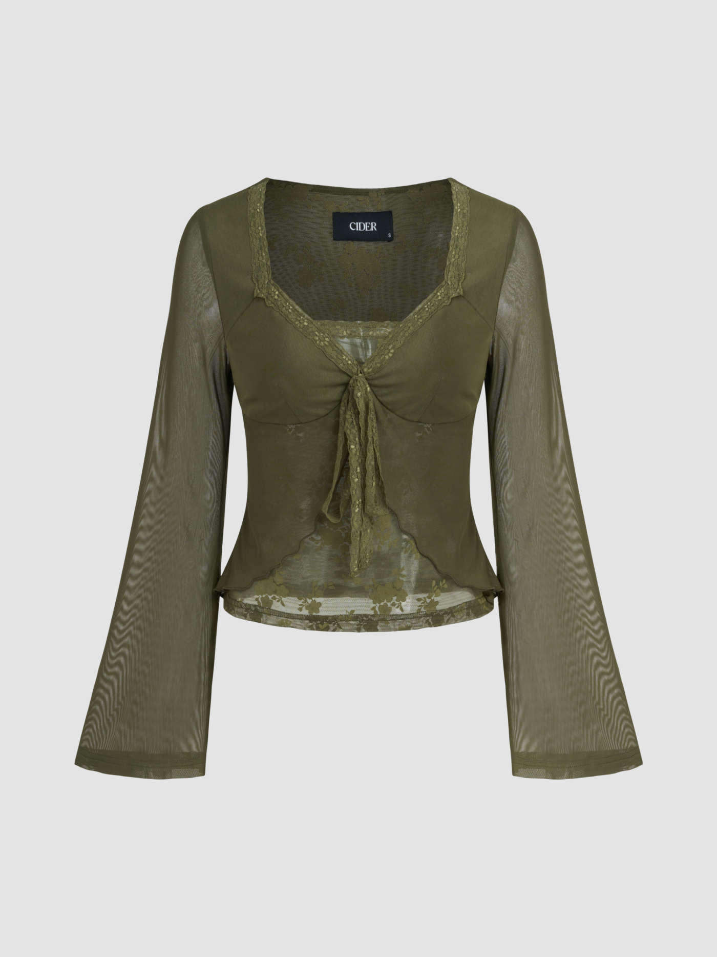 V-neck Solid Lace Trim Knotted Lettuce Trim Long Sleeve Top