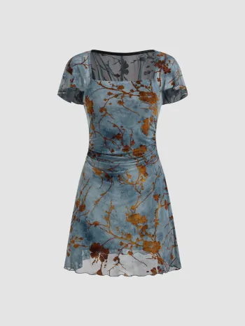 Mesh Square Neck Floral Ruched Mini Dress