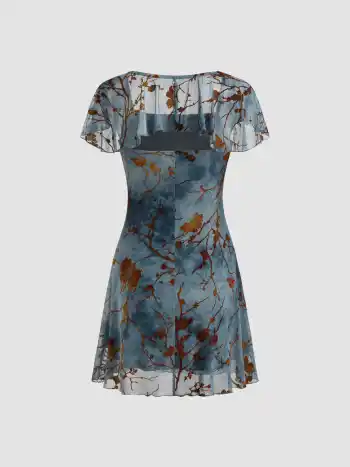 Mesh Square Neck Floral Ruched Mini Dress