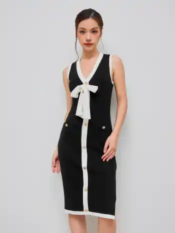 Strick V-Ausschnitt Unifarben Kontrastierende Knopfleiste Midikleid