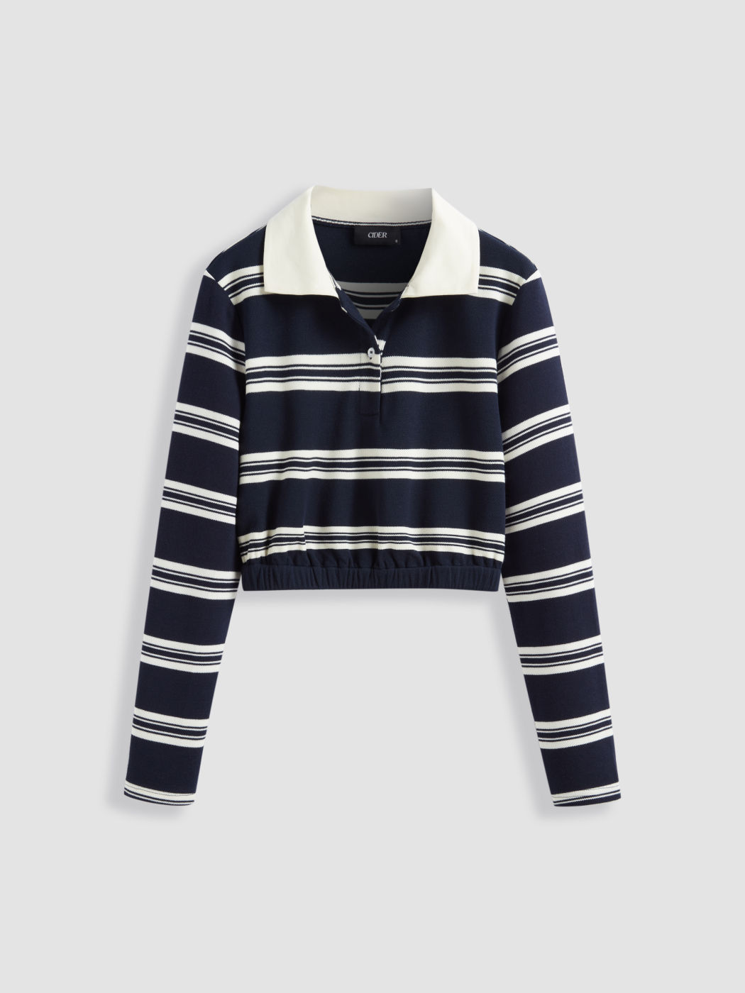 Cotton-blend Collar Striped Long Sleeve Crop Tee