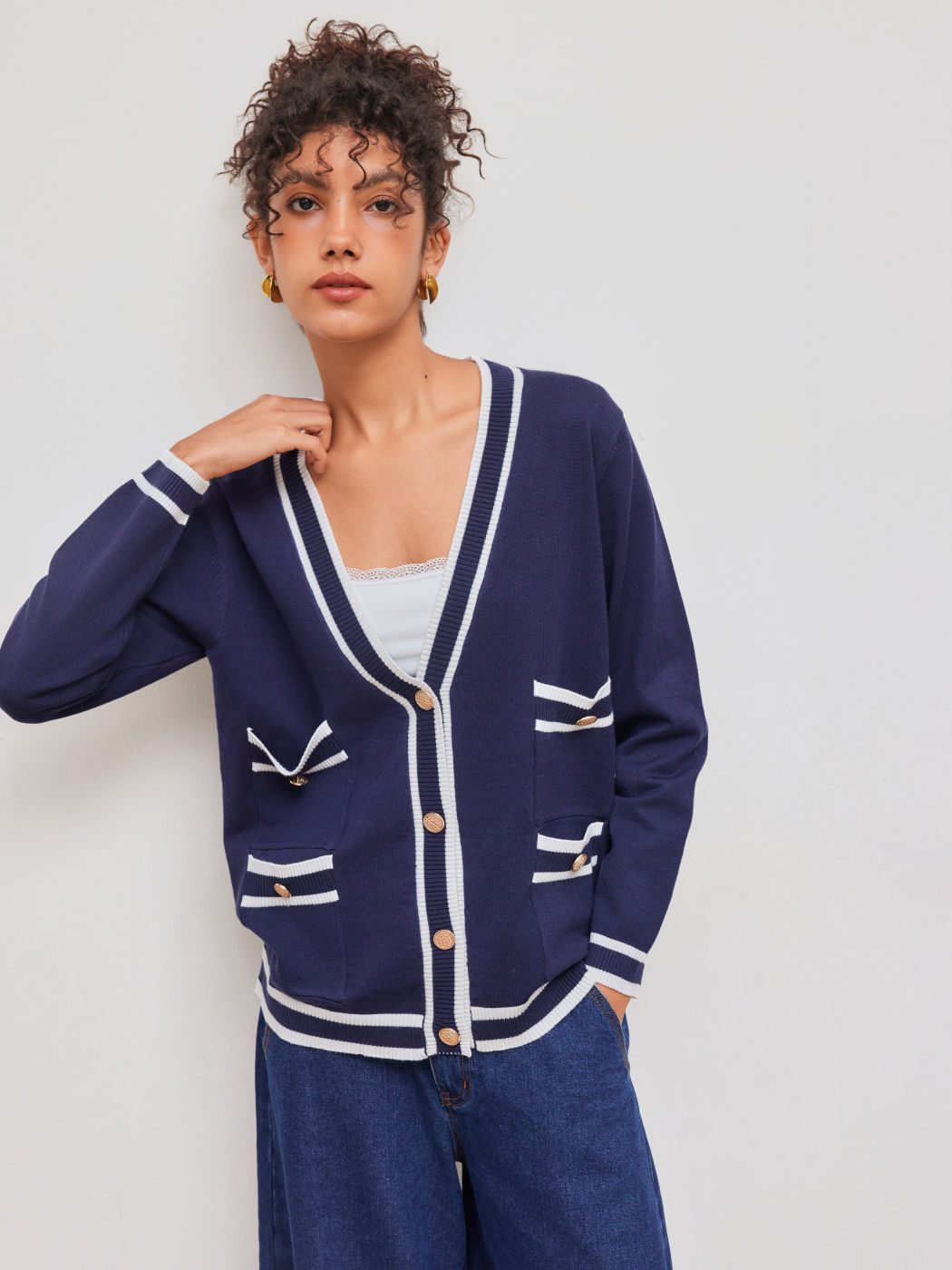 Knit V-neck Pocket Button Contrasting Binding Oversized Cardigan
