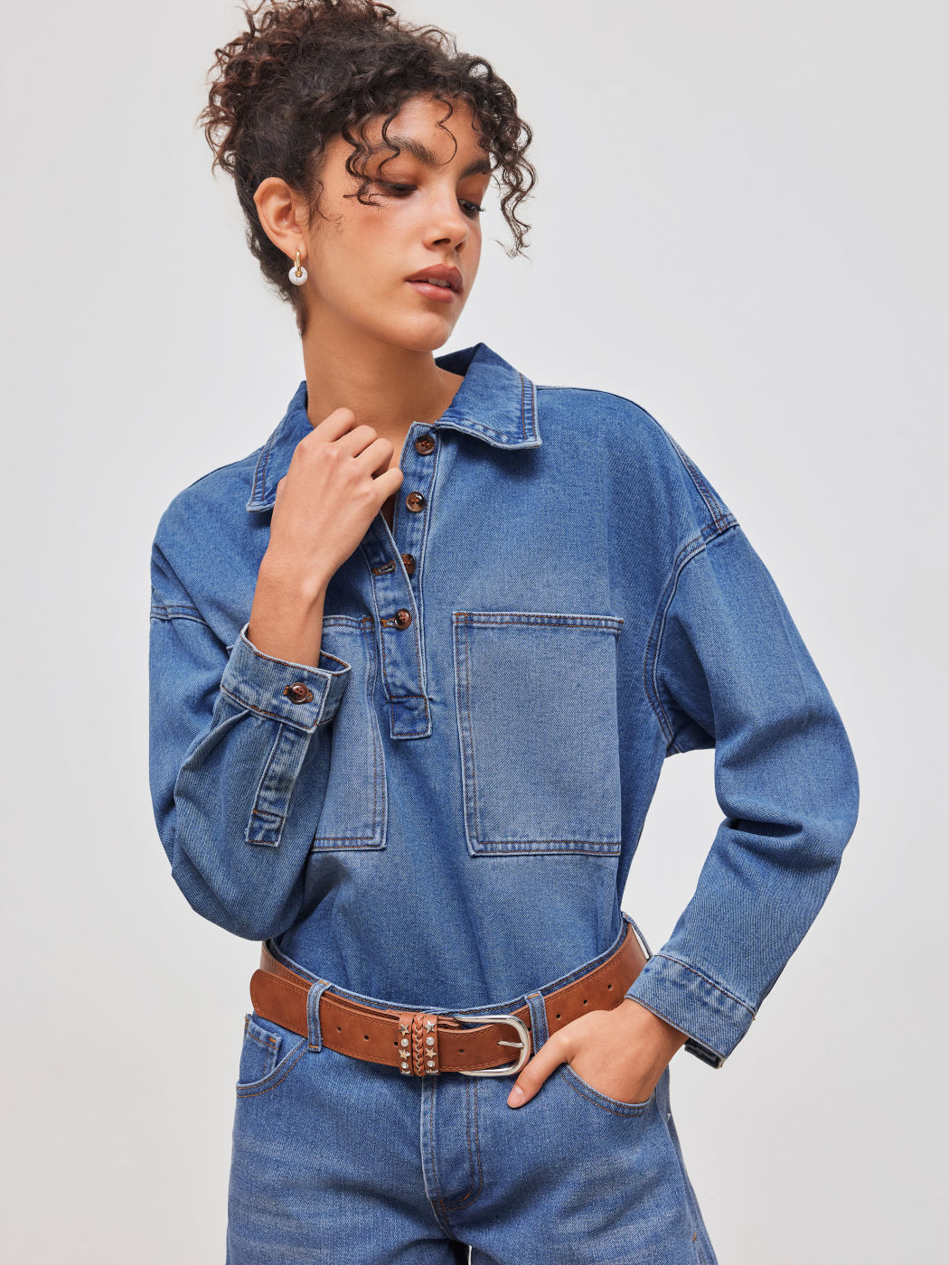 Denim Collar Solid Button Pocket Oversized Top