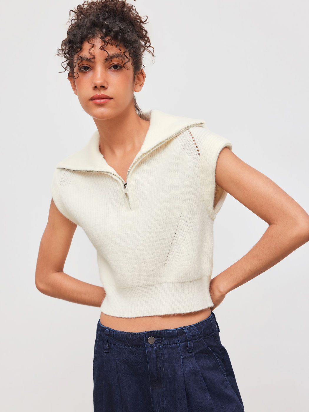 Knit Polo Solid Zipper Crop Vest