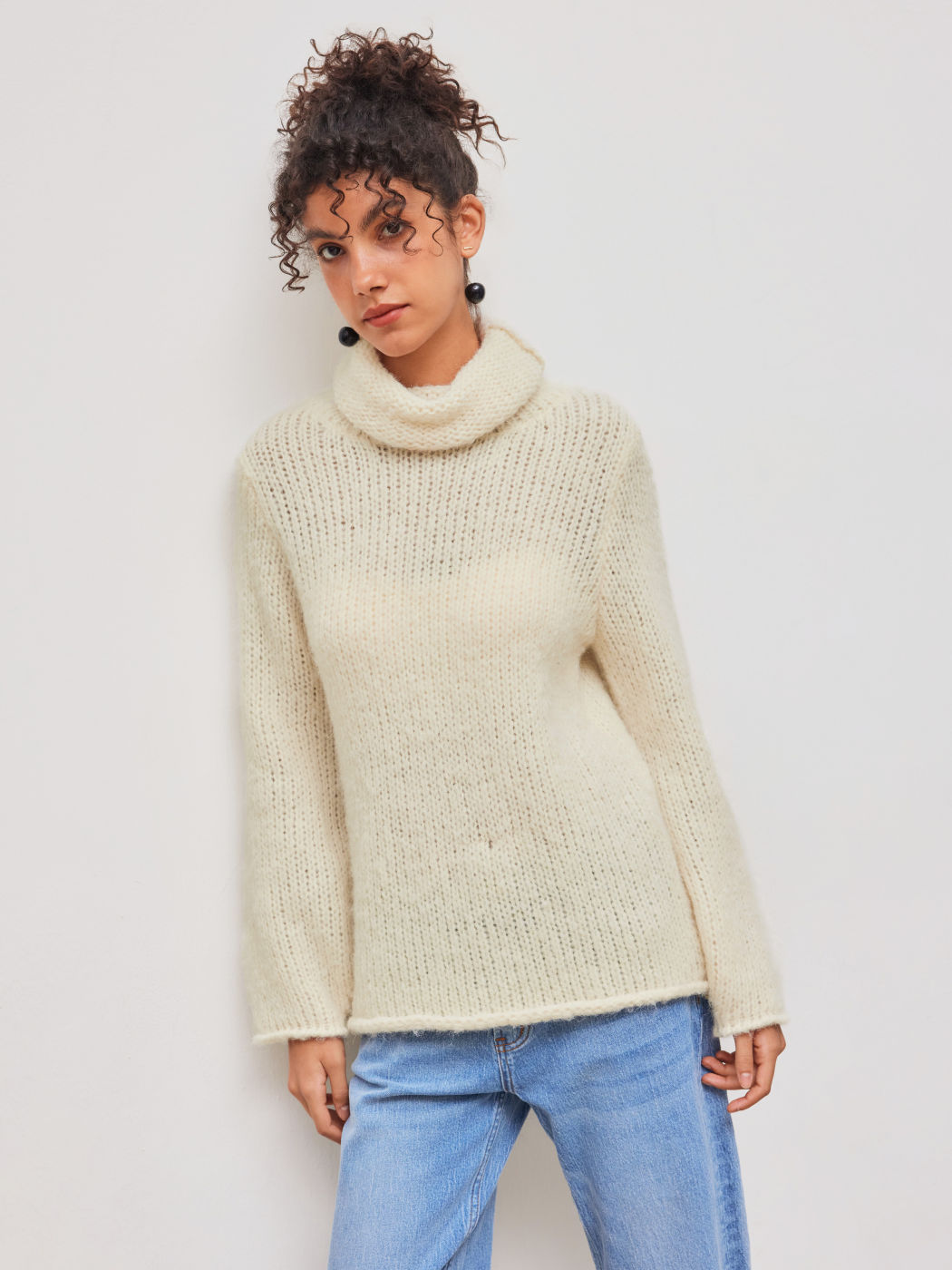 Mohair Knit High Neck Solid Long Sleeve Oversized Sweater