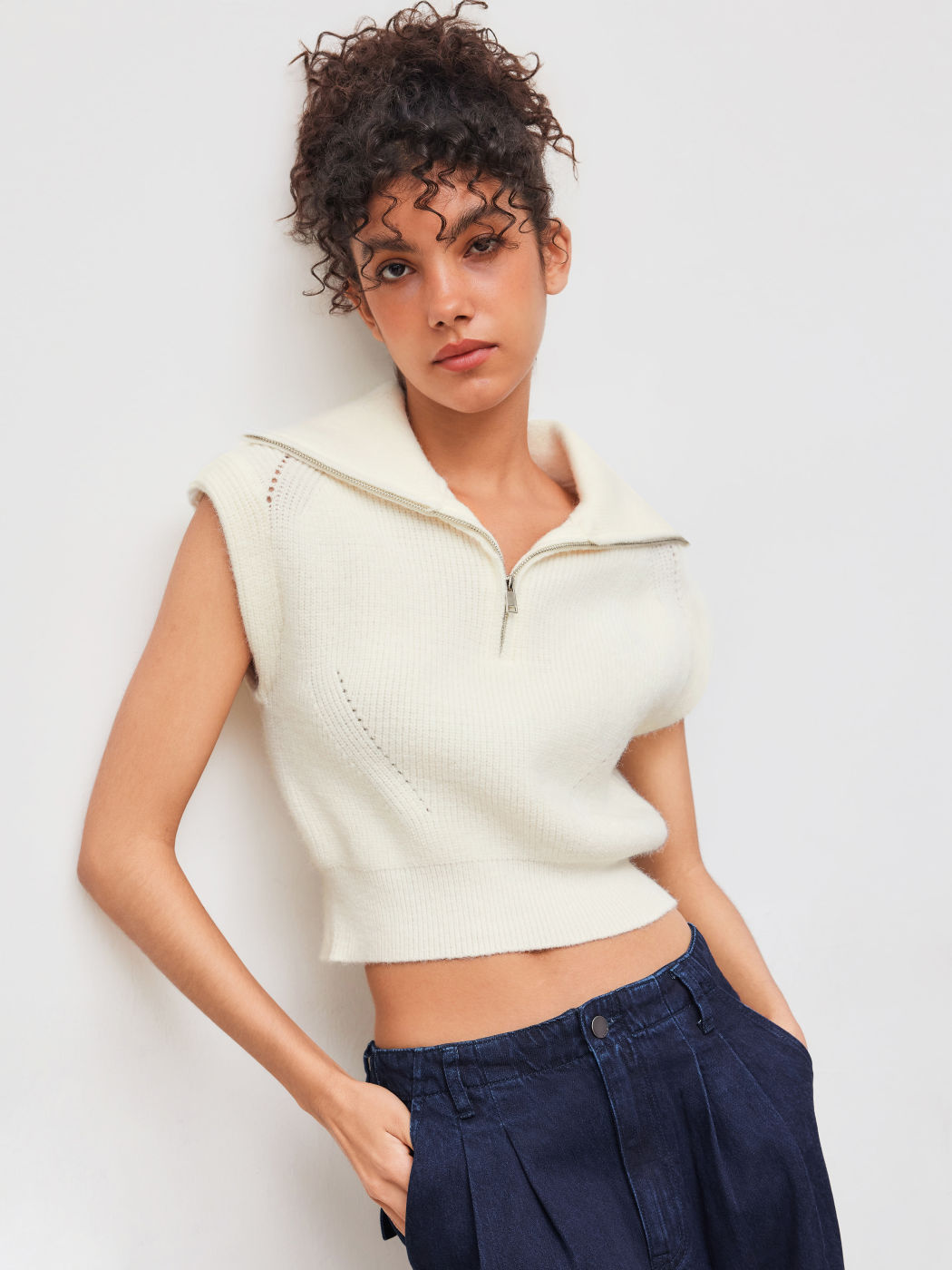 Knit Polo Solid Zipper Crop Vest