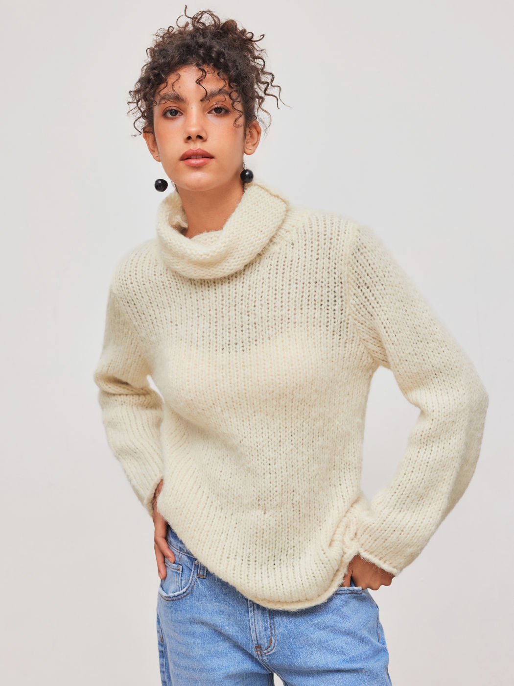 Mohair Knit High Neck Solid Long Sleeve Oversized Sweater