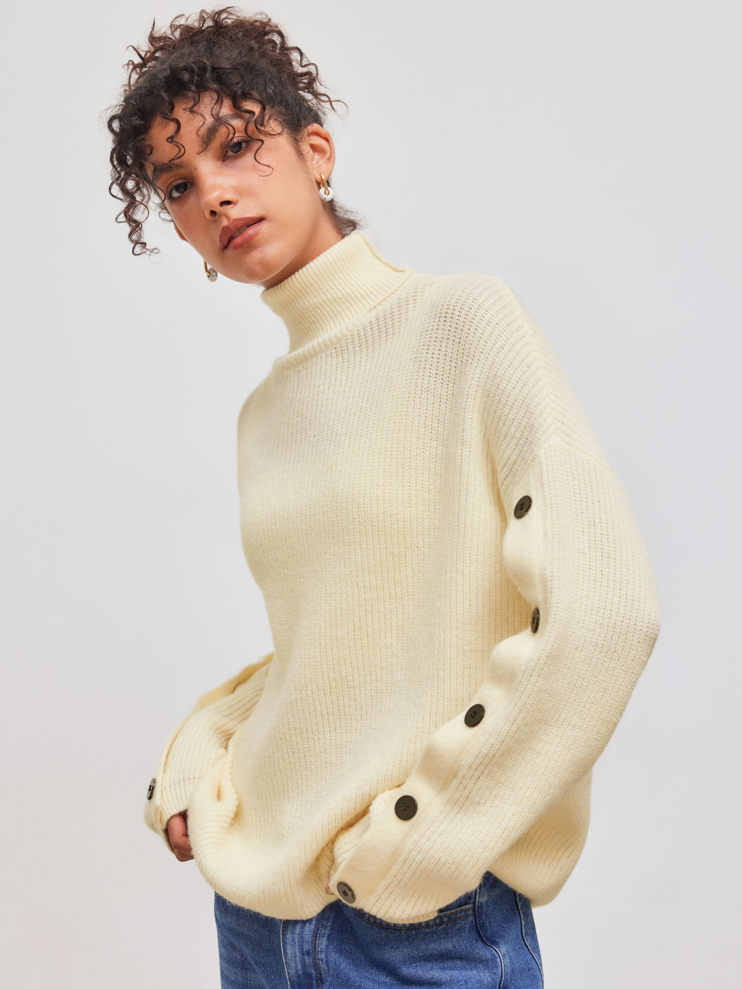 Knit High Neck Solid Button Long Sleeve Top