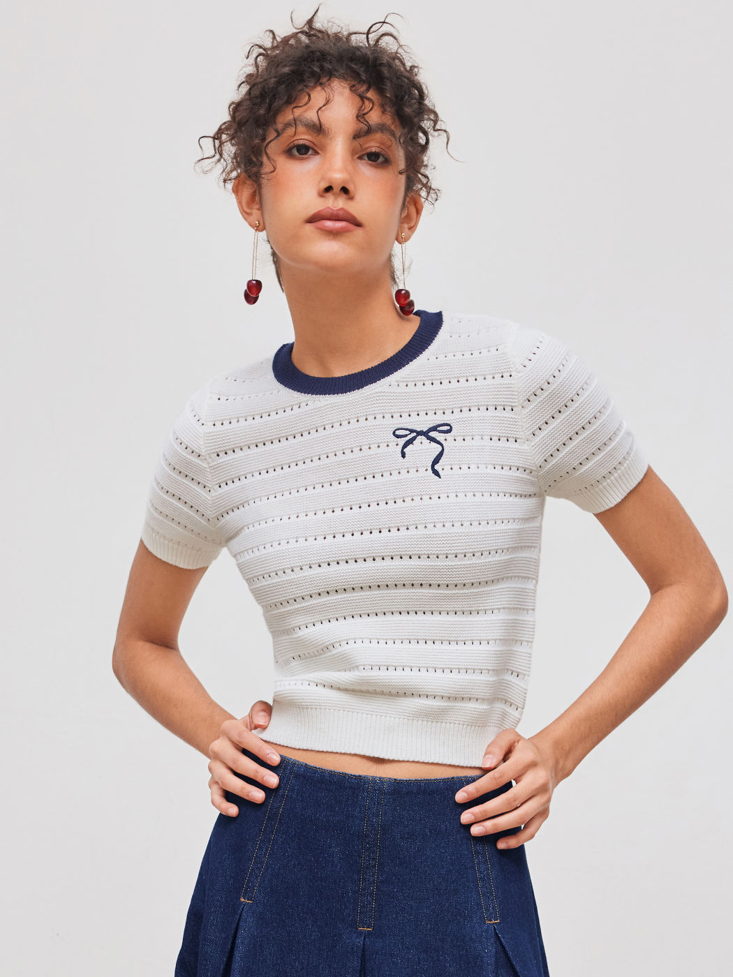 Knit Eyelet Contrasting Binding Bowknot Short Sleeve Top