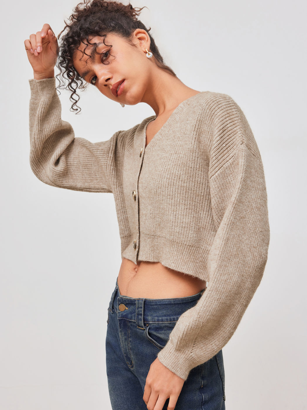 Strick-V-Ausschnitt Einfarbiges Knopf-Crop-Cardigan