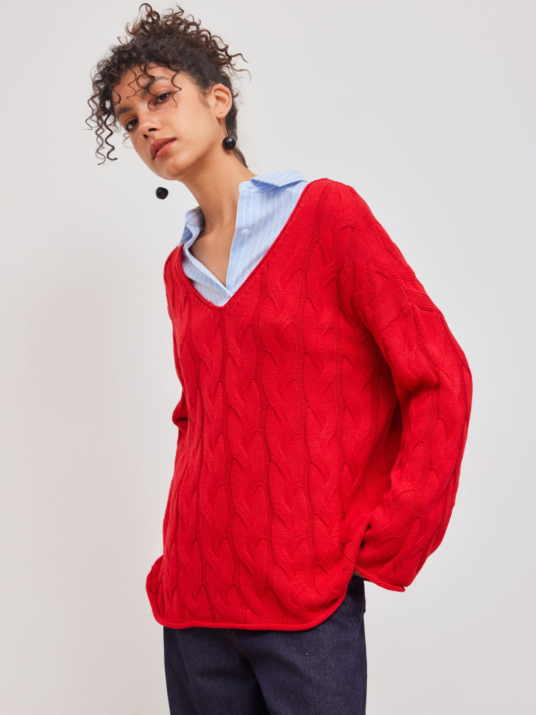 Cable Knit V-neck Solid Oversized Sweater