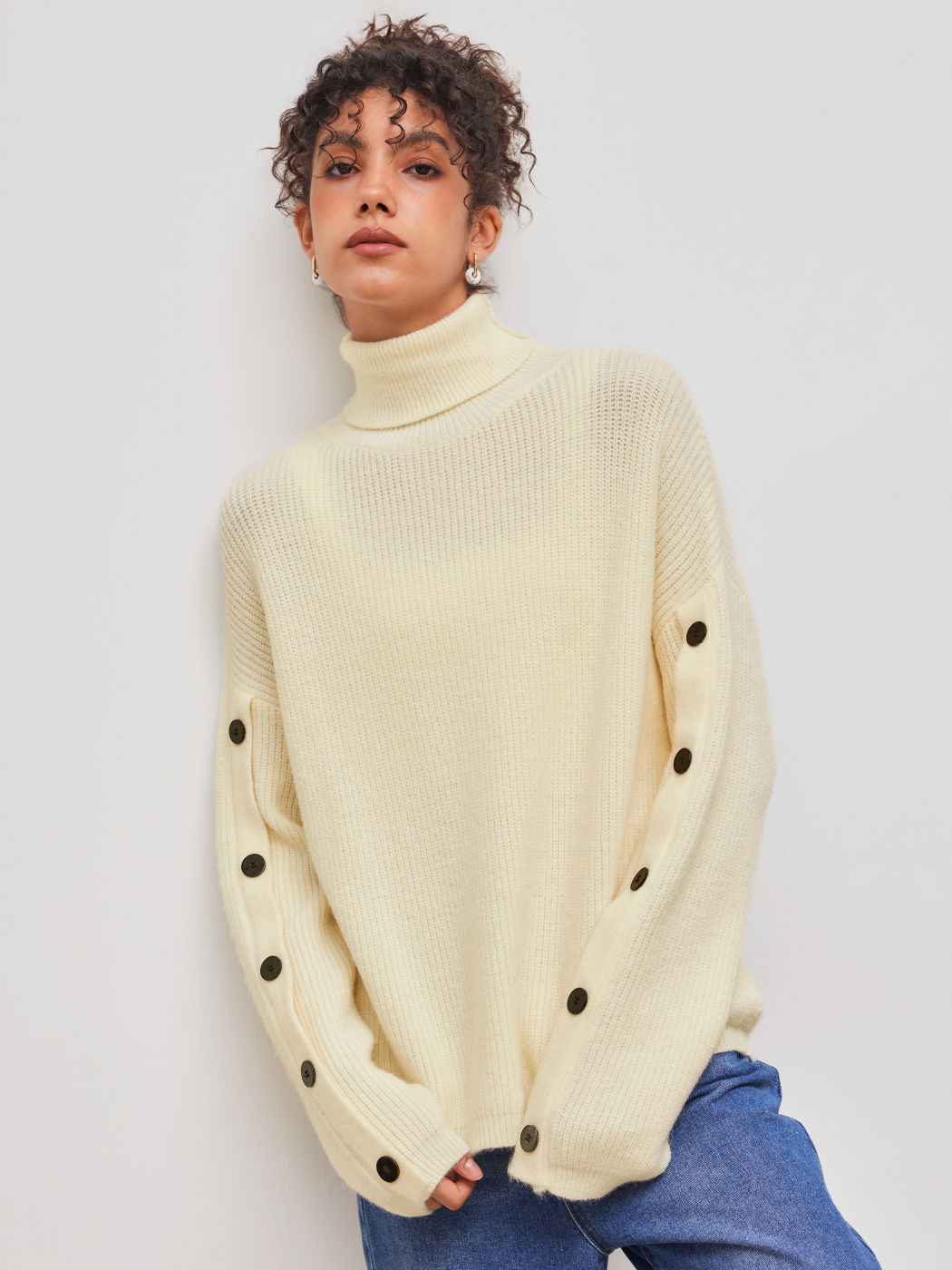 Knit High Neck Solid Button Long Sleeve Top