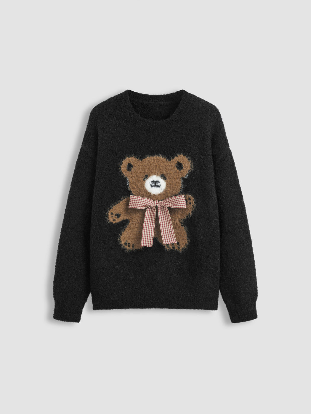 Knit Wool-blend Round Neckline Solid Bear Bowknot Long Sleeve Top