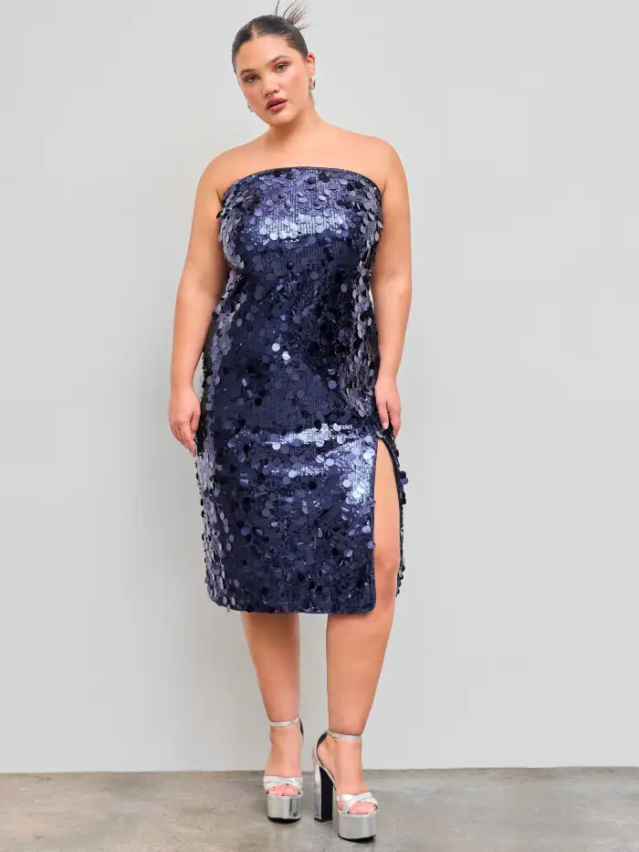 Party Dress For Party New Years Holiday Dress Sequins Sequin Strapless Solid Split Midi Dress Curve & Plus For Party/Clubbing Party Dress For Party New Years Holiday Dress Sequins Sequin Strapless Solid Split Midi Dress Curve & Plus For Party/Clubbing