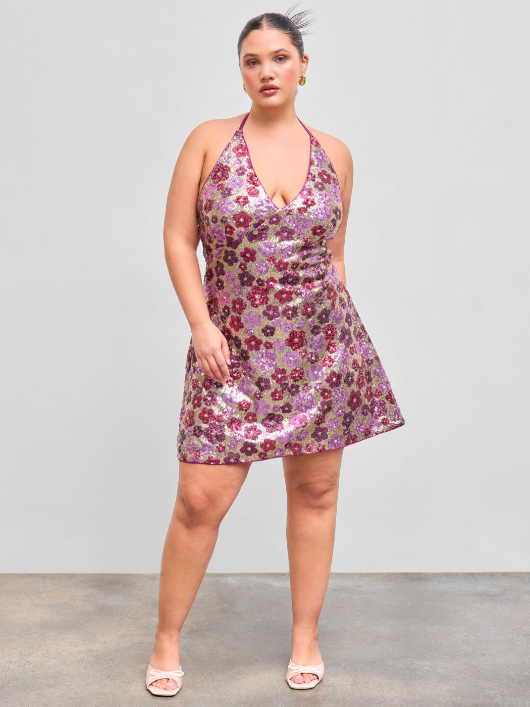 Pailletten Halter V-Ausschnitt Florales Geknotetes Mini Kleid Kurve & Plus