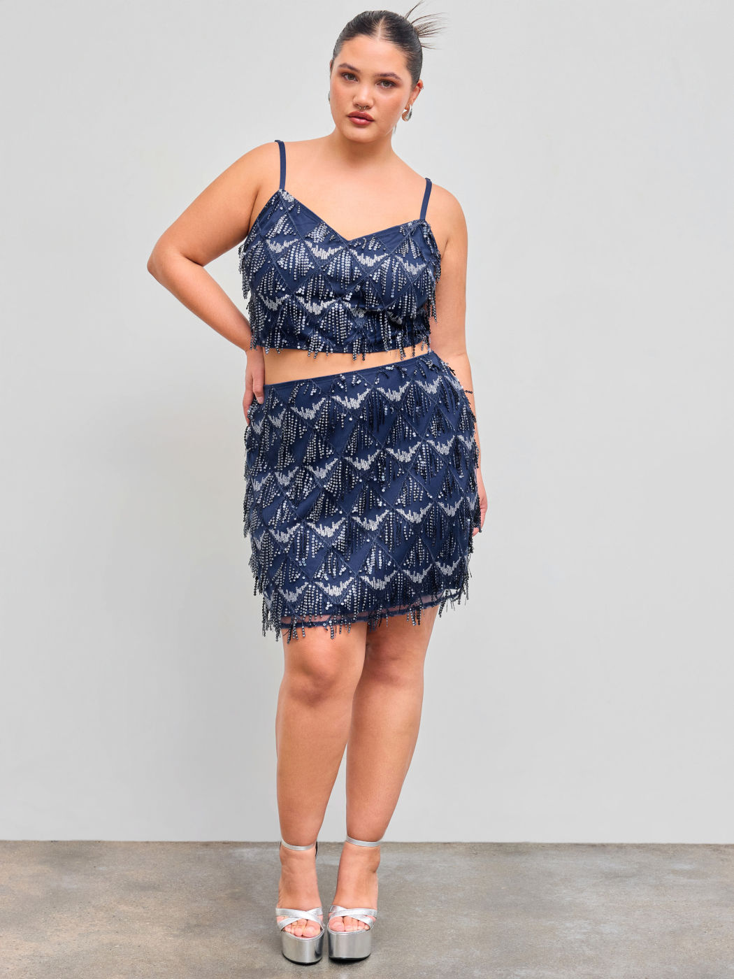 Sequins Sweetheart Solid Fringe Crop Cami Top Curve & Plus