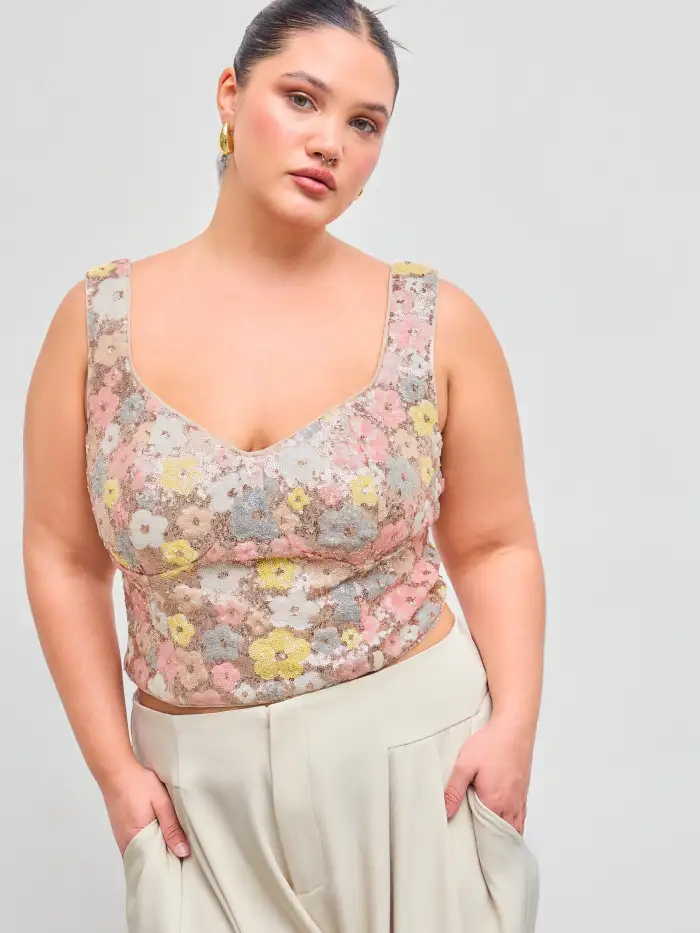Sequins Sequin Sweetheart Neckline Floral Crop Tank Top Curve