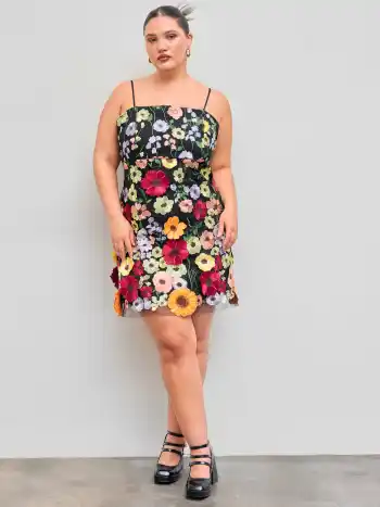 Jacquard Square Neck Colorful Floral Embroidery Mini Dress Curve & Plus